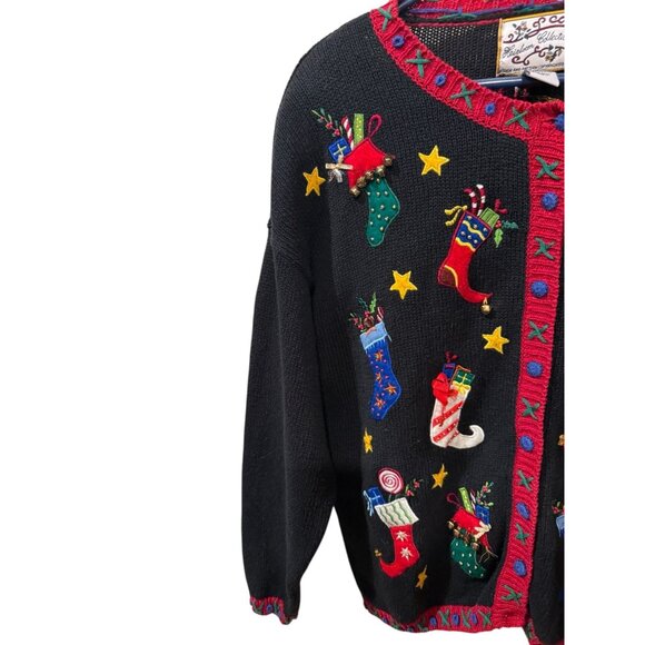 Vintage Christmas Stocking Embroidered Cardigan Sweater Black Red Womens Large - Picture 3 of 6